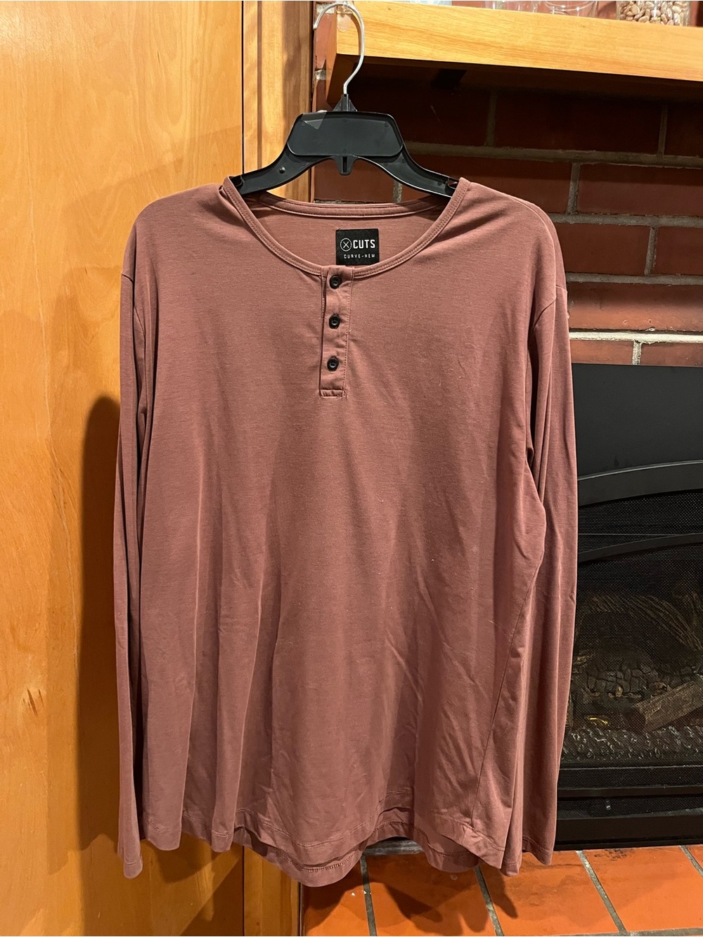 Cuts Long Sleeve Henley Shirt Mens Rust Brown